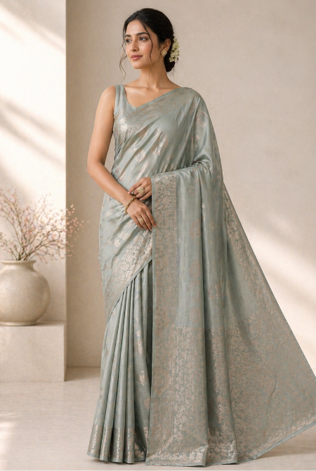 Grey Moonga silk banarasi saree