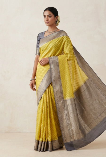 Light yellow grey border chinia banarasi saree