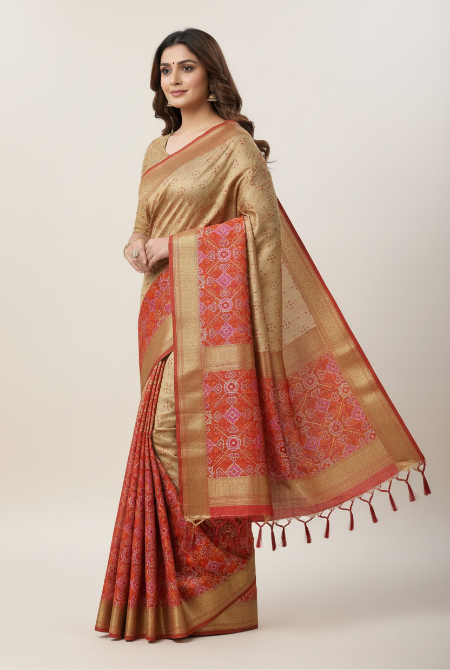 Temple border semi tusser Beige and red saree