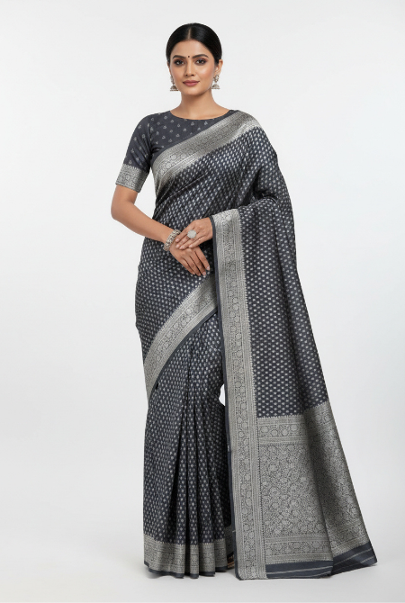 Dark grey Tanchoi silk banarasi saree