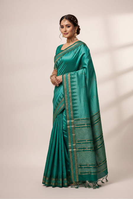 Temple border semi tusser sea green saree