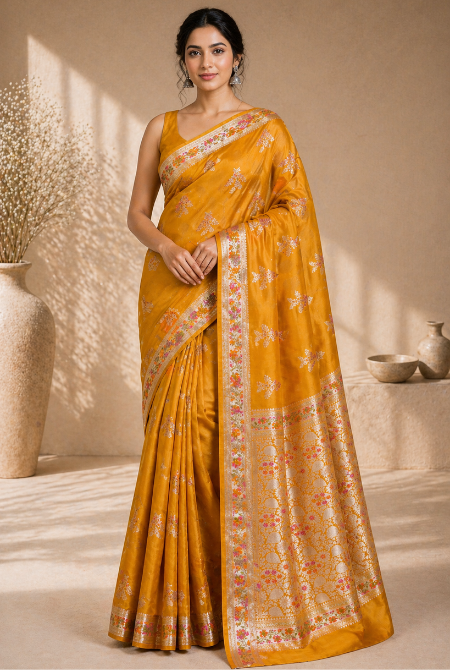 Mustard moonga silk banarasi saree