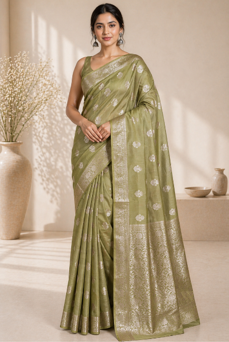 Olive green moonga silk banarasi saree