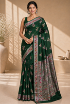 Bottle green moonga silk banarasi saree