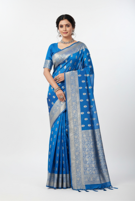 Teal blue moonga silk banarasi saree