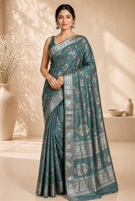 Light grey moonga silk banarasi saree