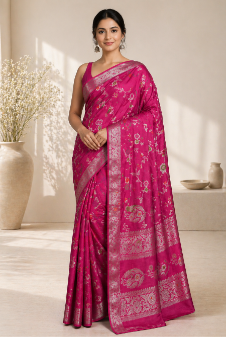 Pink moonga silk banarasi saree - Dark