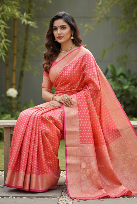 Pinkish peach banarasi cotton butti border saree