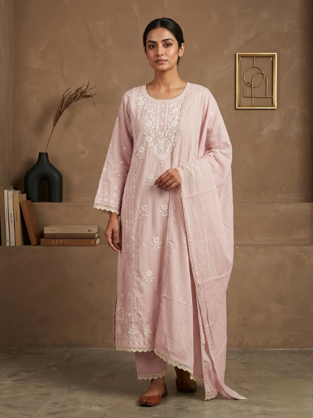 Baby pink cotton embroidery kurta set with duppata