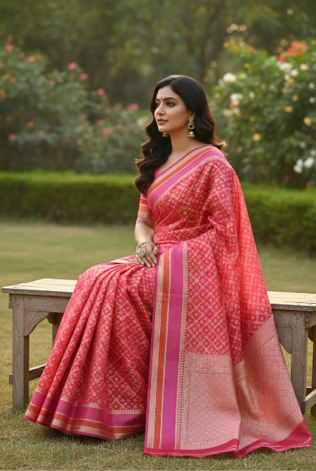 Red banarasi cotton patola wave saree