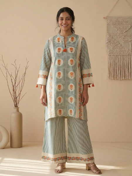 White and blue co-ord set with orange flowers