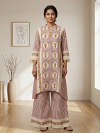 White and marron co-ord set with mustard flowers
