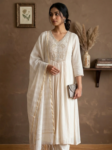 Cream cut work kurta set with duppata