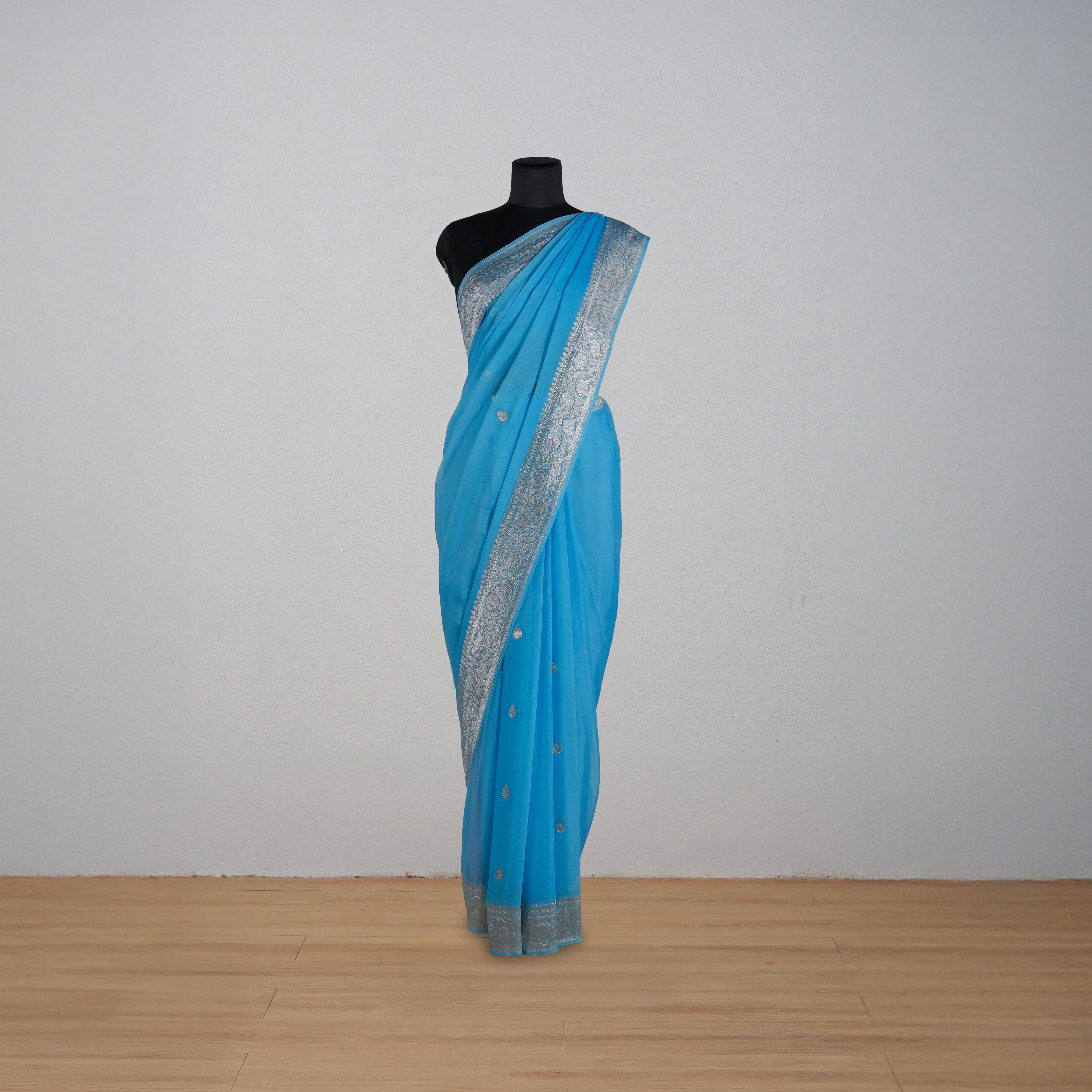 Sky blue banarasi chiffon saree