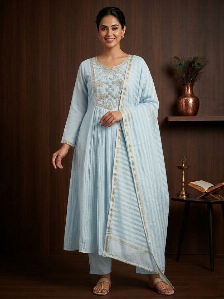Blue-grey cut work kurta set with duppata
