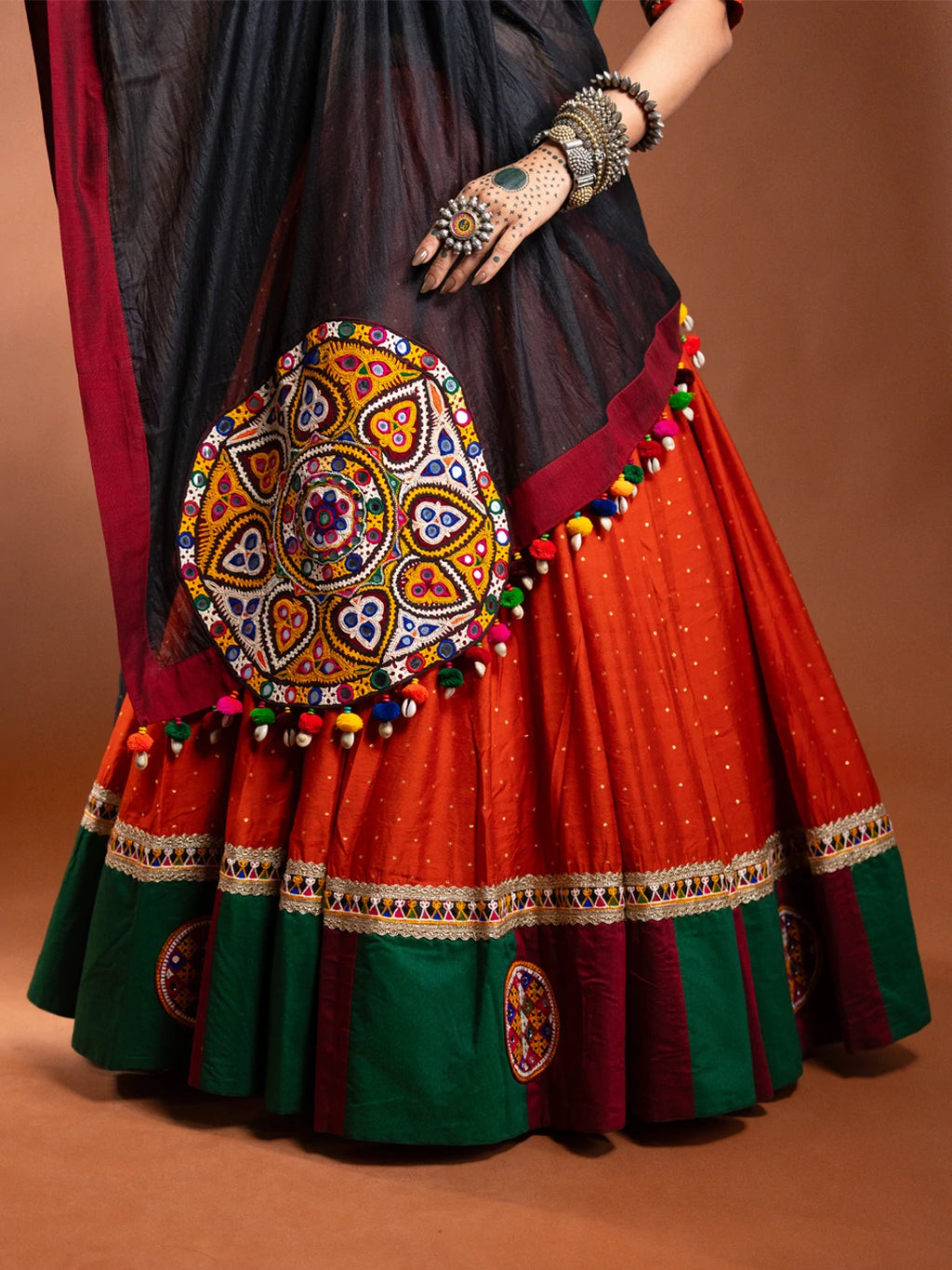 Rust Chaniya Choli with Maroon and Green Border