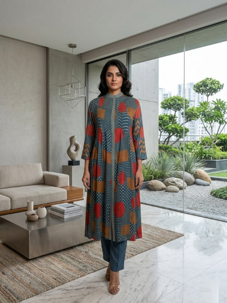 Blue multi printed muslin kurta set