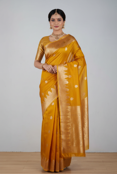 Mustard yellow shaded banarasi organza saree
