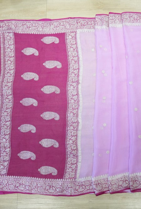 Pink raani border banarasi chiffon saree