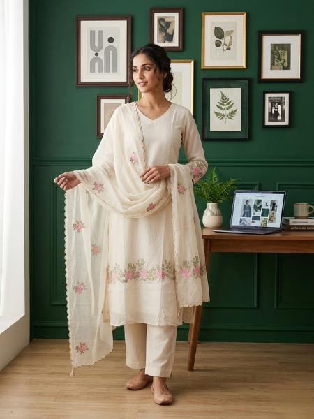 Beige embroidery kurta set with duppata
