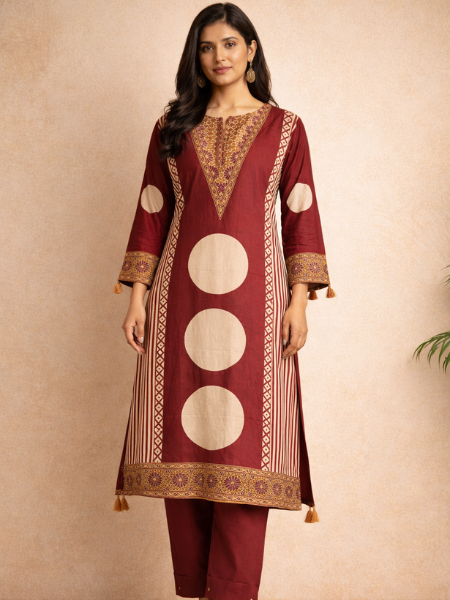 Maroon muslin printed kurta set