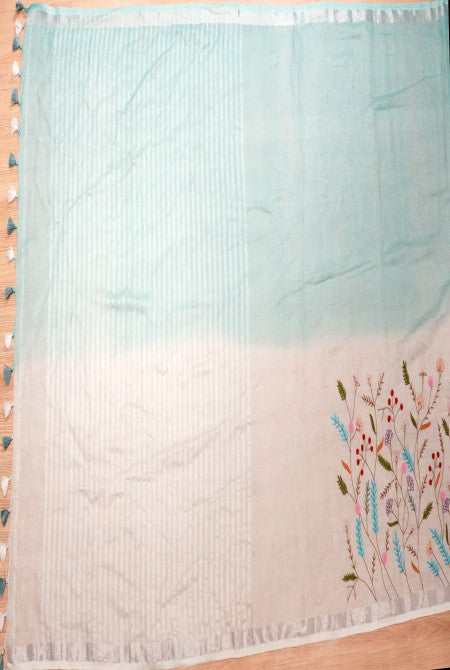 Sky blue shoulder embroidery linen saree