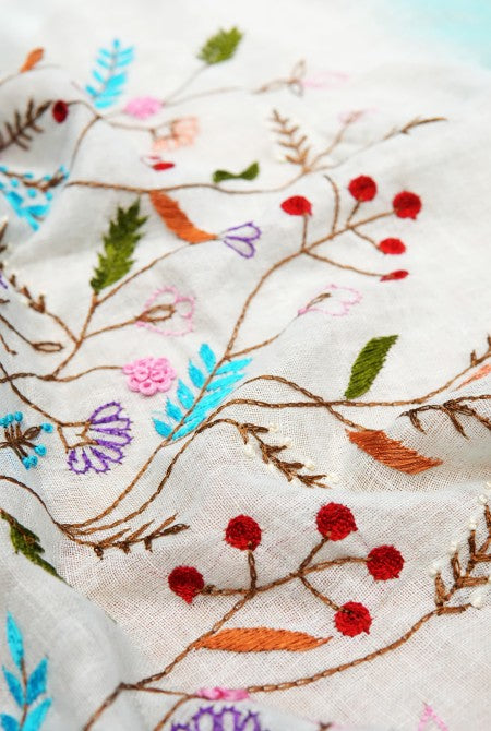 Sky blue shoulder embroidery linen saree