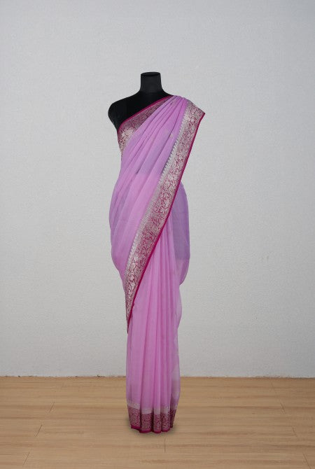 Pink raani border banarasi chiffon saree