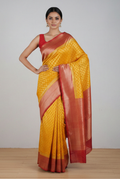 Light yellow red border chinia banarasi saree