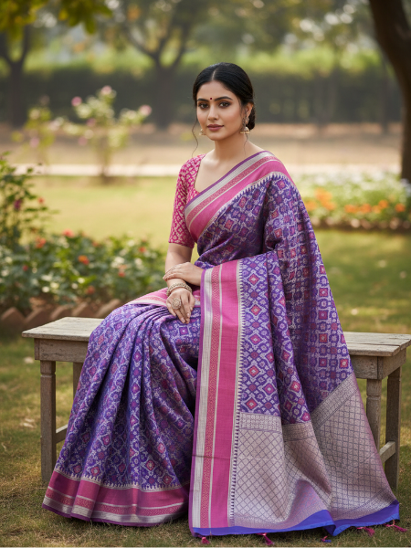 Purple banarasi cotton patola wave saree