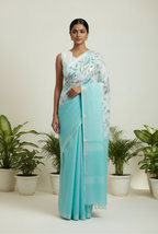 Sky blue shoulder embroidery linen saree