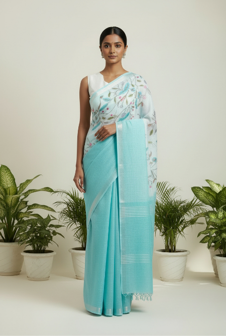 Sky blue shoulder embroidery linen saree