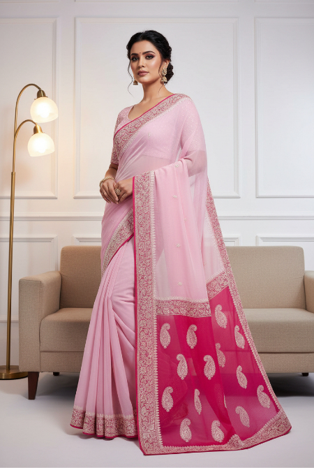 Pink raani border banarasi chiffon saree