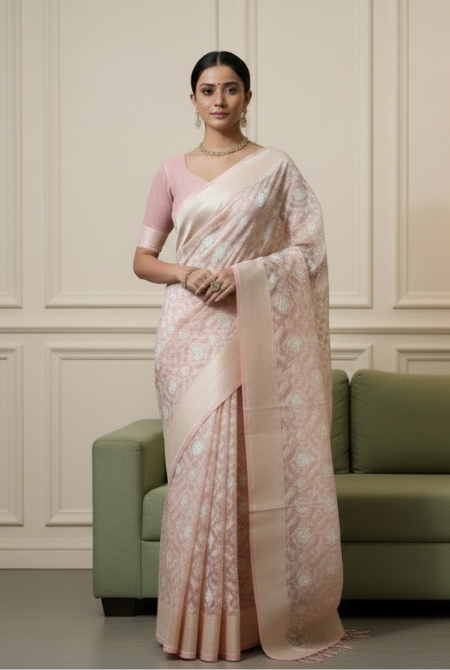 Light pink kora organza banarasi saree