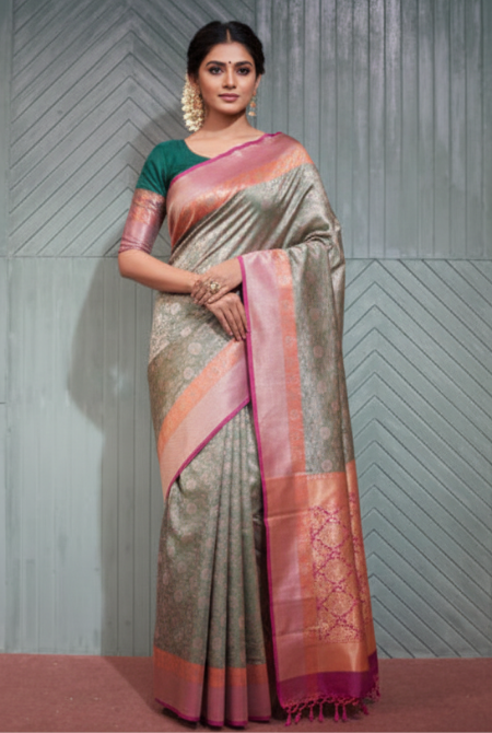 Dark green wine banarasi brocade saree