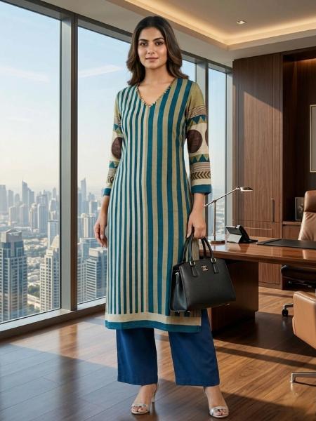 Blue and ivory printed muslin kurta set