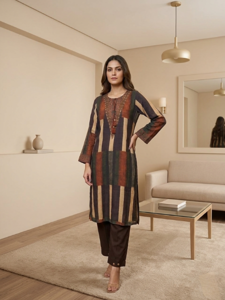 Brown printed muslin kurta set