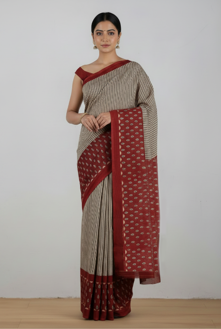 Rust red-beige jaipur ajrak modal saree