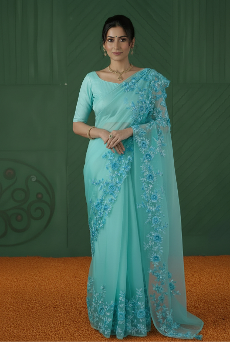Sky blue Organza embroidery saree