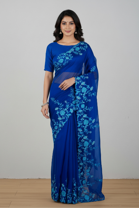 Royal blue Organza embroidery saree