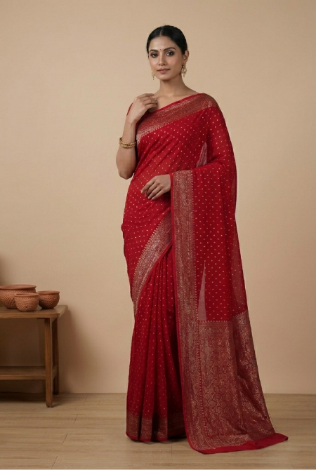 Red crepe chiffon banarasi saree