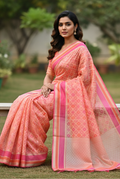 Peach banarasi cotton patola wave saree