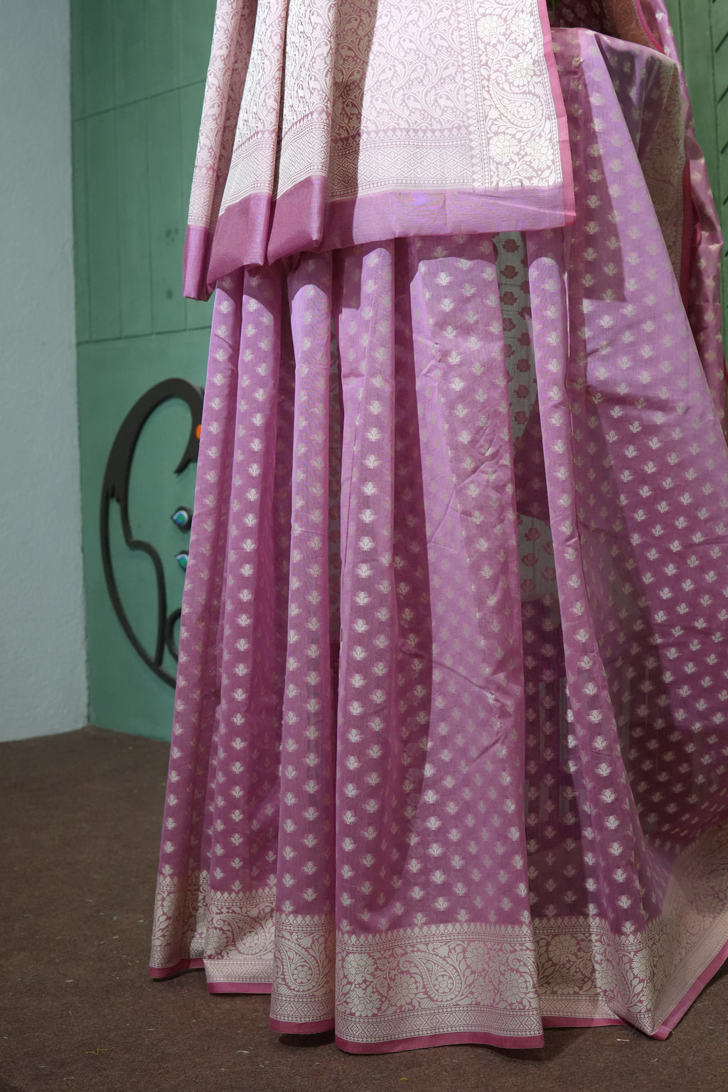 Pink banarasi cotton butti border saree
