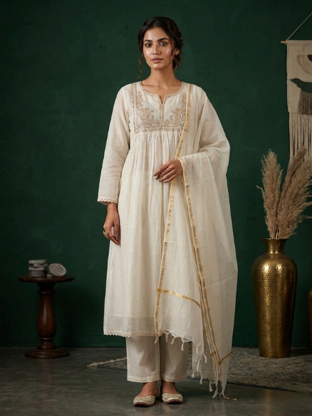 Off-white cut work kurta set with duppata