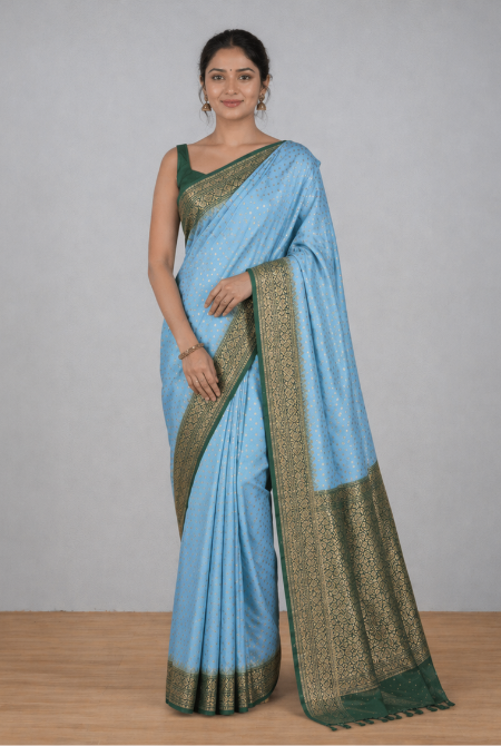 Blue-green border crepe chiffon banarasi saree