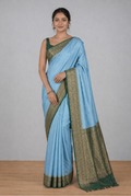 Blue-green border crepe chiffon banarasi saree