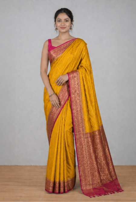 Yellow-Pink border crepe chiffon banarasi saree
