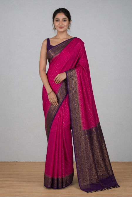 Pink-purple border crepe chiffon banarasi saree