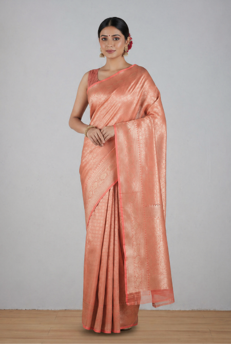 Peach banarasi brocade organza saree