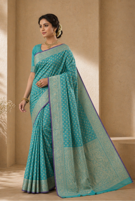 Teal green banarasi cotton butti border saree